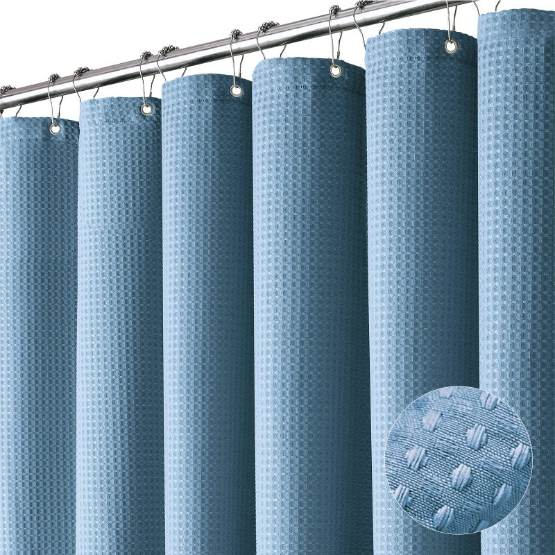Dynamene Blue Fabric Shower Curtain Waffle Weave Textured Heavy Duty Cloth Shower Curtains for Bathroom 256GSM Hotel Luxury Weighted Bath Curtain Set with 12 Plastic Hooks72x72 Moonlight Blue