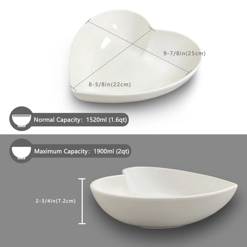 Keponbee Large Porcelain Heart Bowls White Deep Heart Shaped Plates for Salad/Fruit/Pasta or Baking Romantic Cake, 10 Inch, 2 pcs - Image 3