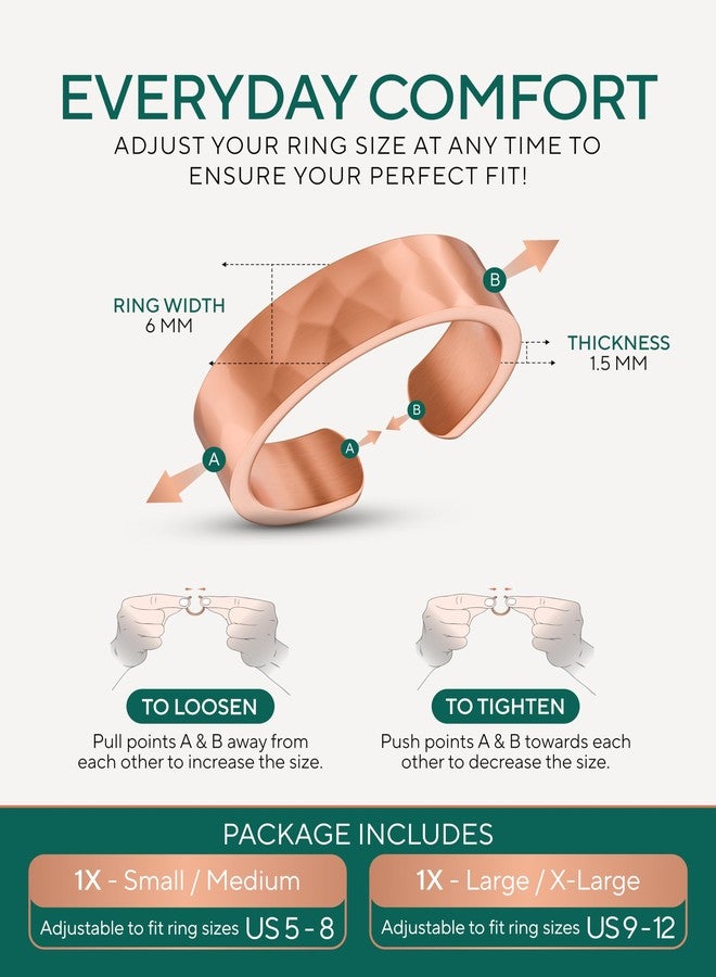 TheraCopper Pure Copper Rings for Women & Men (2-Pack) - 100% Pure Copper Ring - Raw, Solid & Uncoated Authentic Handmade Open-End Adjustable Ayurvedic Jewelry Rings (S/M + L/XL), 6mm, Copper, No - Image 5