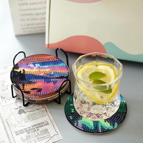 askkqtx 8 Pcs Aurora Diamond Art Coasters Kits with Holder, Landscape Diamond Painting Coasters Kits for Adults, DIY 5D Nature Scenery Diamond Dots Small Mini Kit Full Drill Art Craft Supplies 4X4 Inch - Image 3