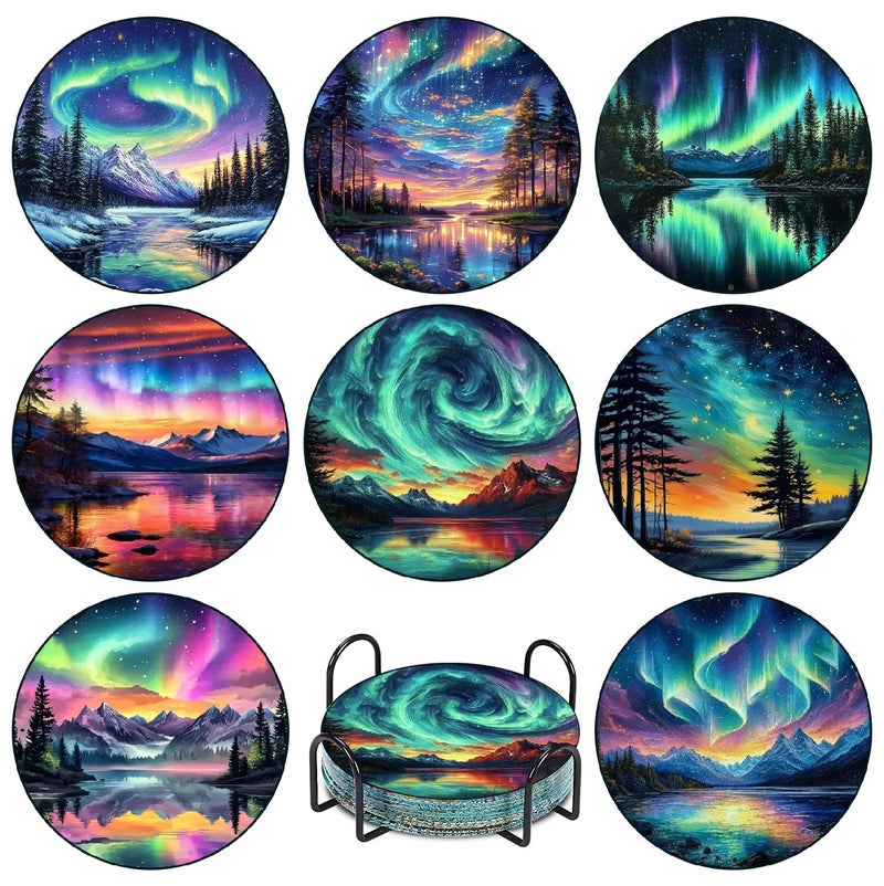 askkqtx 8 Pcs Aurora Diamond Art Coasters Kits with Holder, Landscape Diamond Painting Coasters Kits for Adults, DIY 5D Nature Scenery Diamond Dots Small Mini Kit Full Drill Art Craft Supplies 4X4 Inch - Image 1