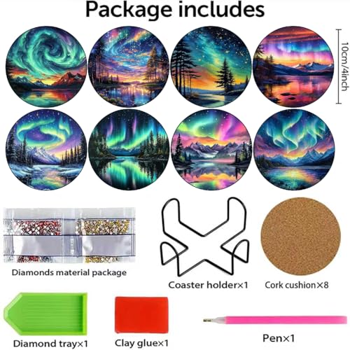 askkqtx 8 Pcs Aurora Diamond Art Coasters Kits with Holder, Landscape Diamond Painting Coasters Kits for Adults, DIY 5D Nature Scenery Diamond Dots Small Mini Kit Full Drill Art Craft Supplies 4X4 Inch - Image 4