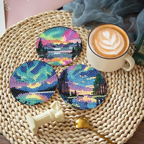 askkqtx 8 Pcs Aurora Diamond Art Coasters Kits with Holder, Landscape Diamond Painting Coasters Kits for Adults, DIY 5D Nature Scenery Diamond Dots Small Mini Kit Full Drill Art Craft Supplies 4X4 Inch - Image 2