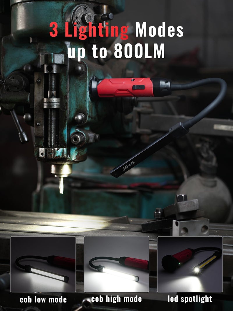 SNUFF Rechargeable Work Light Magnetic, 800LM LED Work Light with Flexible Gooseneck, 3 Modes Mechanic Light for Work Bench, Auto Repair, Lathe, Gift for Men - Image 3
