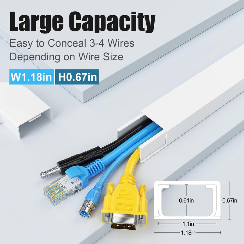 Yecaye Cord Hider, 113in Large Cord Covers for Wires on Wall, Cord Organizer for 3-4 Wires, Easy Install Cable Management Kit, TV Wire Hider for Home Office, W1.18in H0.67in, White - Image 2