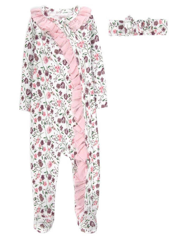 Baby Essentials Baby Girls Footie Romper Pajama Set, 4 Piece – Long Sleeve Zip Front Sleep & Play with Matching Headbands (9 months) - Image 2
