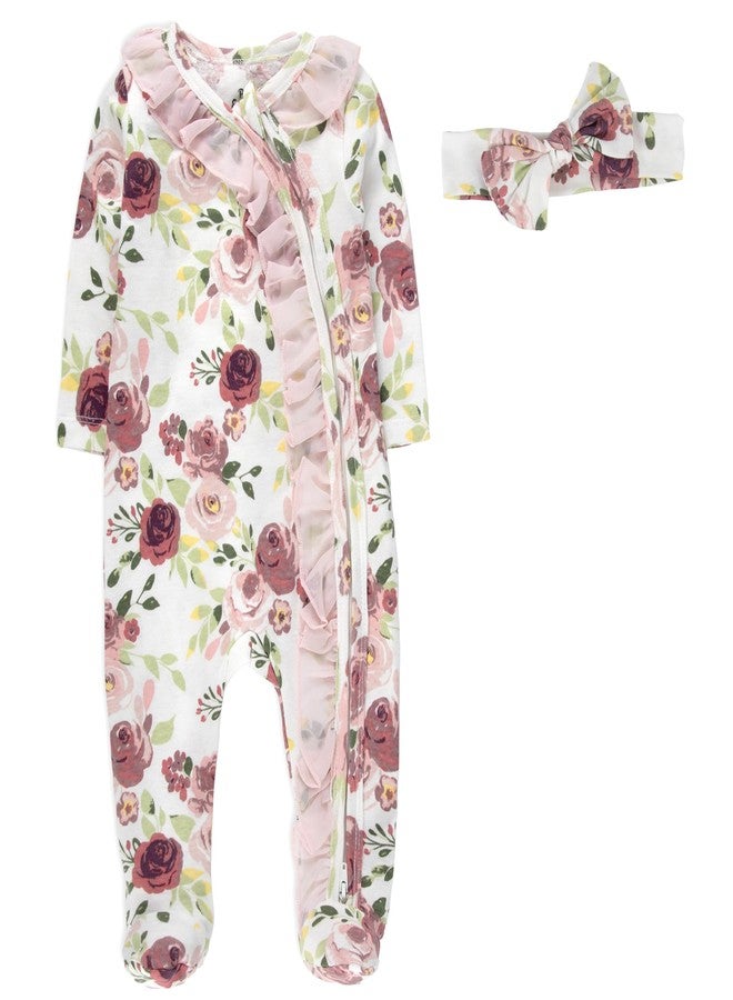 Baby Essentials Baby Girls Footie Romper Pajama Set, 4 Piece – Long Sleeve Zip Front Sleep & Play with Matching Headbands (9 months) - Image 3