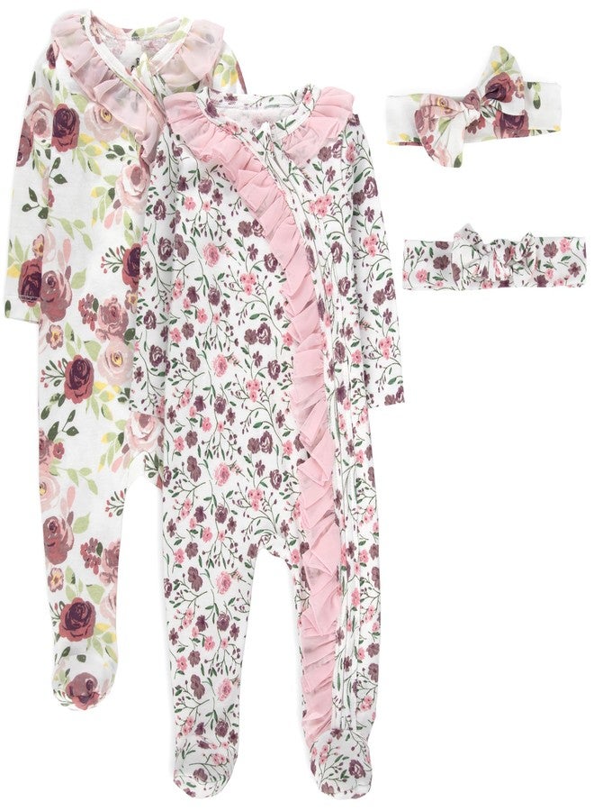 Baby Essentials Baby Girls Footie Romper Pajama Set, 4 Piece – Long Sleeve Zip Front Sleep & Play with Matching Headbands (9 months) - Image 1