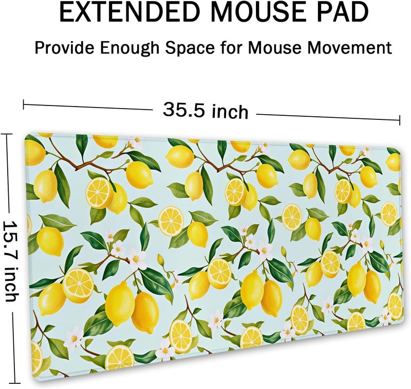 SSOIU Extended Mouse Pad, XXL Gaming Mouse Pads, Large Big Mousepad Laptop Computer Keyboard Mat Desk Pad with Non-Slip Base Stitched Edge for Gaming Office, 35.5 x 15.7 inch, Lemon Fruits Tree Leaf - Image 3