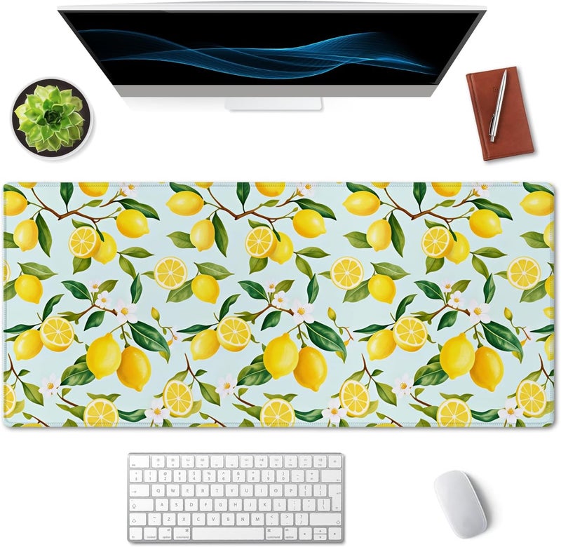 SSOIU Extended Mouse Pad, XXL Gaming Mouse Pads, Large Big Mousepad Laptop Computer Keyboard Mat Desk Pad with Non-Slip Base Stitched Edge for Gaming Office, 35.5 x 15.7 inch, Lemon Fruits Tree Leaf - Image 2