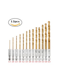 Generic 13Pcs HSS High Speed Steel Titanium Coated Drill Bit Set 1/4 Hex Shank 1.5mm-6.5mm Hexagonal Handle Twist Drill For Wood Alluminum Metal Drilling  - Image 1