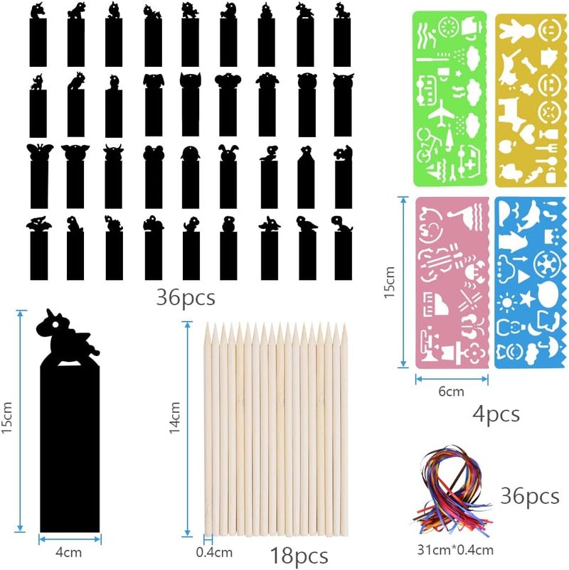 Vicloon Scratch Pictures for Children, 36 Pieces Scratch Picture Dinosaur y Small Animals, Scratch Pictures Bookmark with 18 Wooden Pens and 36 Ribbons, 4 Drawing Templates for Party DIY Gift Tags - Image 2