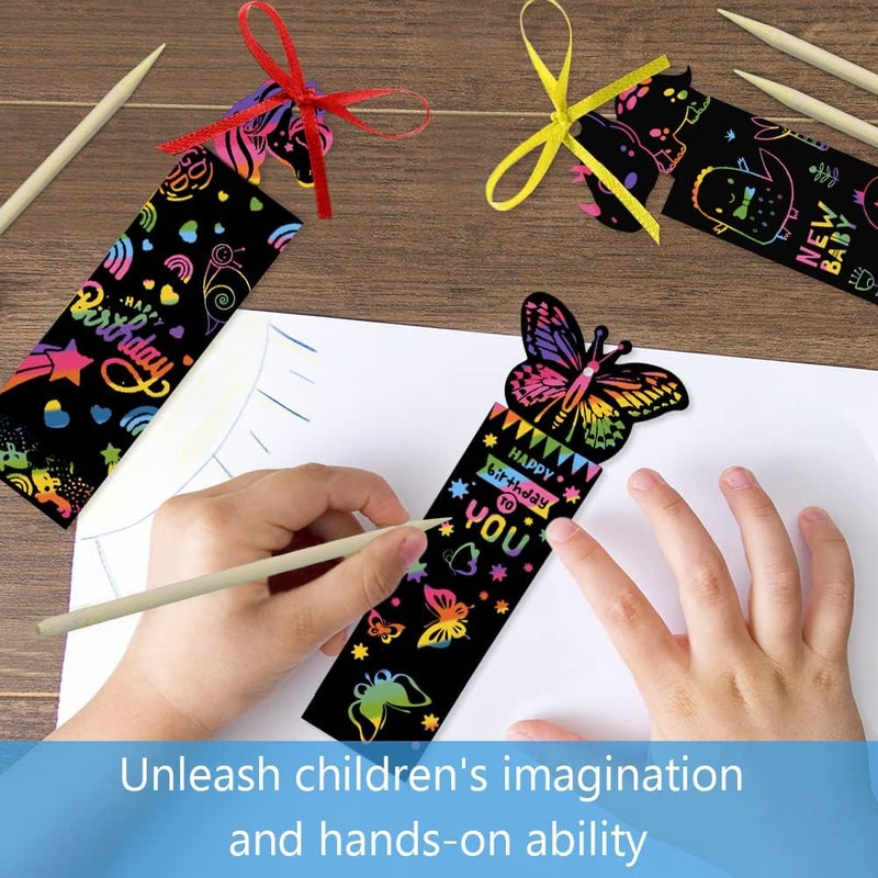 Vicloon Scratch Pictures for Children, 36 Pieces Scratch Picture Dinosaur y Small Animals, Scratch Pictures Bookmark with 18 Wooden Pens and 36 Ribbons, 4 Drawing Templates for Party DIY Gift Tags - Image 3