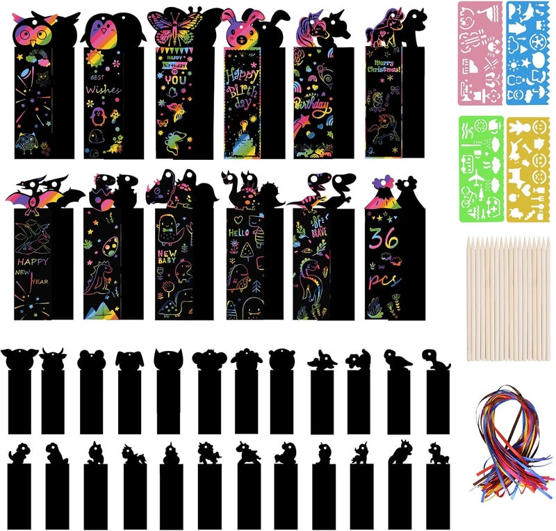 Vicloon Scratch Pictures for Children, 36 Pieces Scratch Picture Dinosaur y Small Animals, Scratch Pictures Bookmark with 18 Wooden Pens and 36 Ribbons, 4 Drawing Templates for Party DIY Gift Tags - Image 1