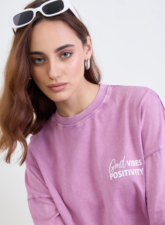 Styli Purple Oversized Slogan Print Acid Wash T-Shirt - Image 5