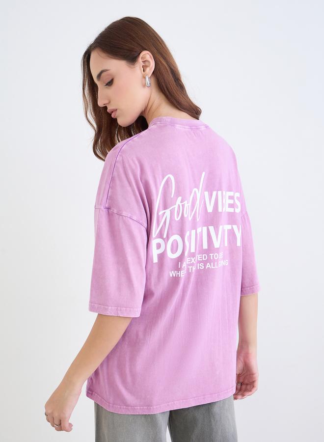 Styli Purple Oversized Slogan Print Acid Wash T-Shirt - Image 4