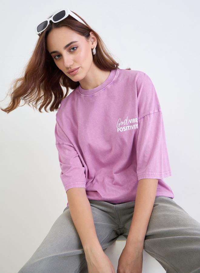 Styli Purple Oversized Slogan Print Acid Wash T-Shirt - Image 1