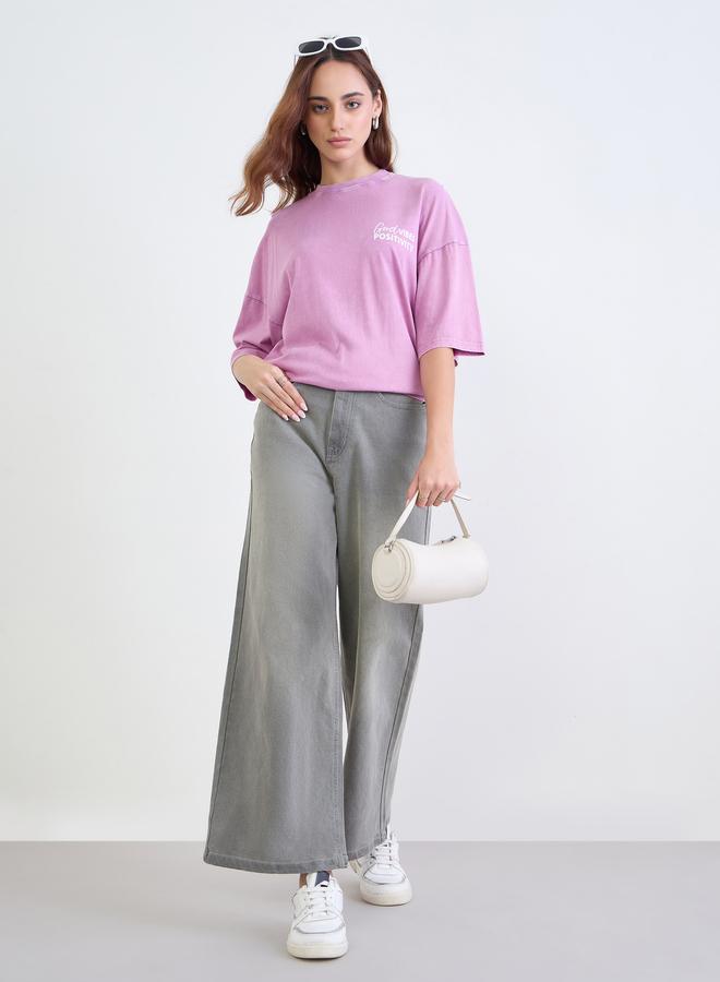 Styli Purple Oversized Slogan Print Acid Wash T-Shirt - Image 2
