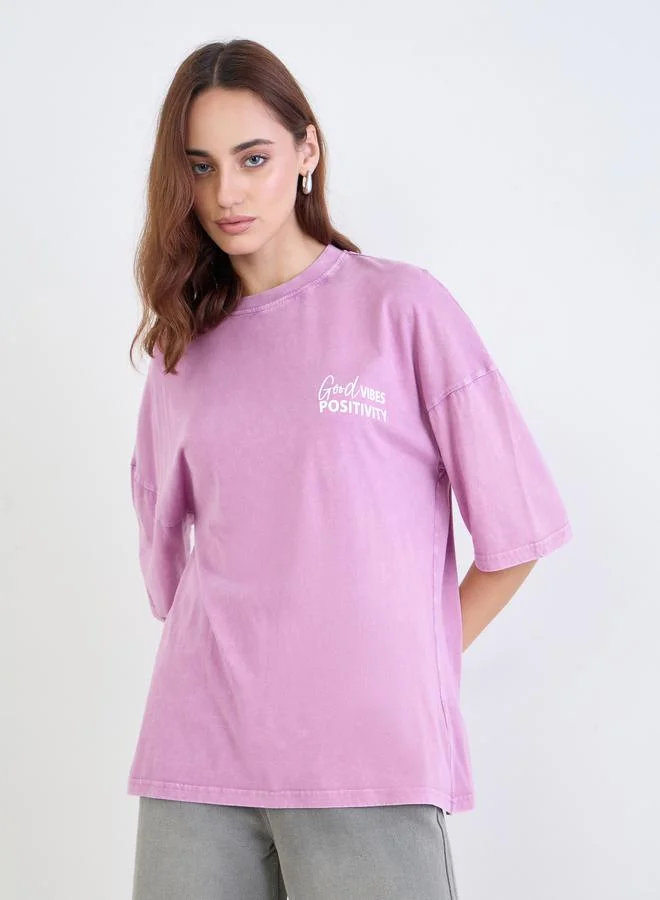 Styli Purple Oversized Slogan Print Acid Wash T-Shirt