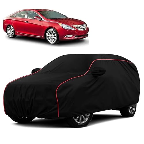 Sulfar 100% Water Resistant Car Body Cover Compatible with Mirror for Hyundai Sonata Transform (Triple Stitched, Full Bottom Elastic, Black with Red Piping) - Image 1