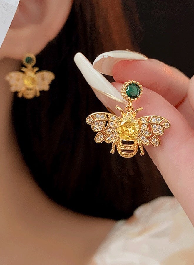 Gold Plated Crystal Bee Drop Earrings for Women - Fashion Animal Earrings with Emerald & Yellow Gem, Stylish Daily & Party Wear Earrings - Image 1