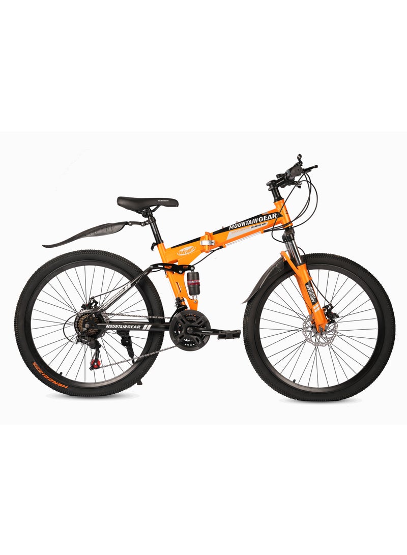 ماونتن جير دراجة قابلة للطي من ماونتن جير | ناقل حركة شيمانو بـ 21 سرعة | عجلات مقاس 26 إنش بأسلاك | فرامل قرصية أمامية وخلفية | شوكة أمامية ممتصة للصدمات | موديل MGR311368 - اللون برتقالي - Image 1