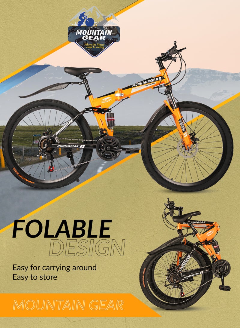ماونتن جير دراجة قابلة للطي من ماونتن جير | ناقل حركة شيمانو بـ 21 سرعة | عجلات مقاس 26 إنش بأسلاك | فرامل قرصية أمامية وخلفية | شوكة أمامية ممتصة للصدمات | موديل MGR311368 - اللون برتقالي - Image 3