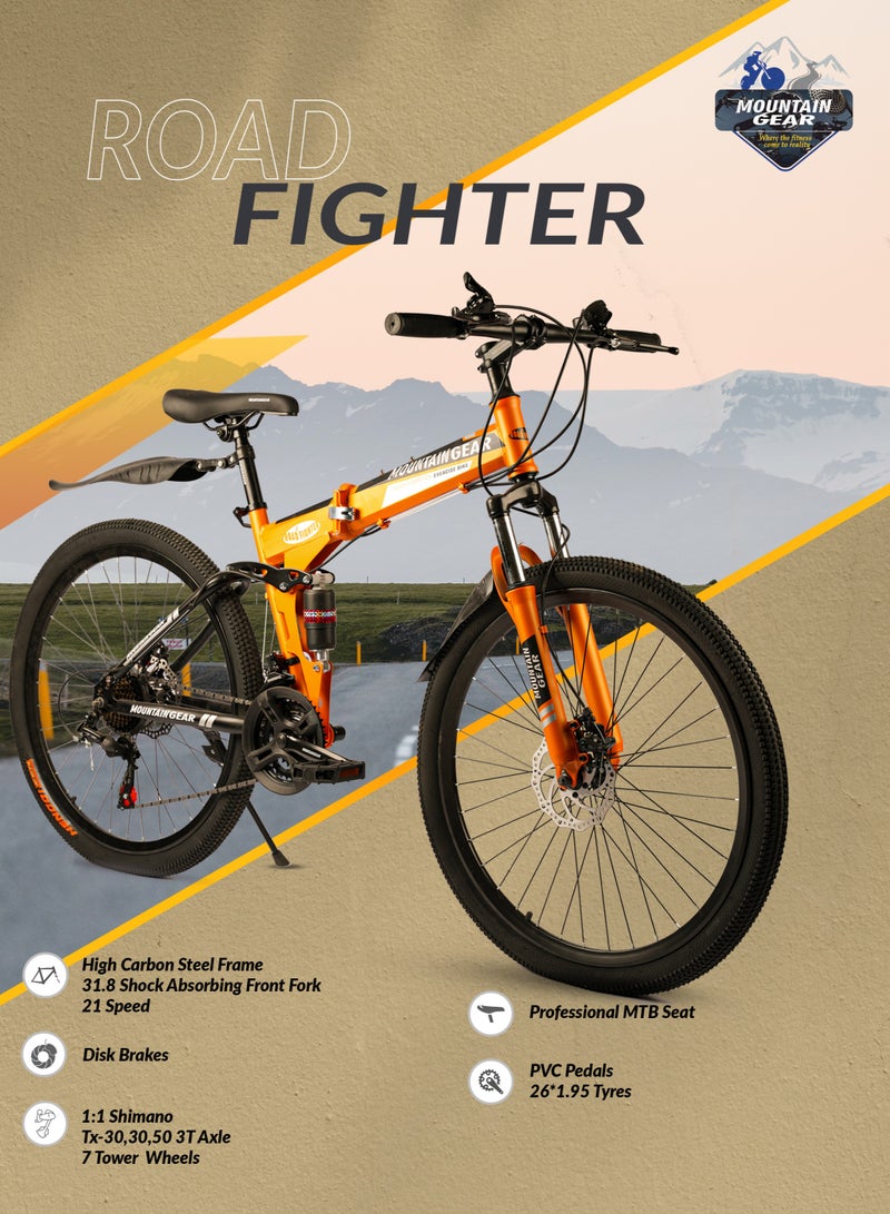 ماونتن جير دراجة قابلة للطي من ماونتن جير | ناقل حركة شيمانو بـ 21 سرعة | عجلات مقاس 26 إنش بأسلاك | فرامل قرصية أمامية وخلفية | شوكة أمامية ممتصة للصدمات | موديل MGR311368 - اللون برتقالي - Image 2