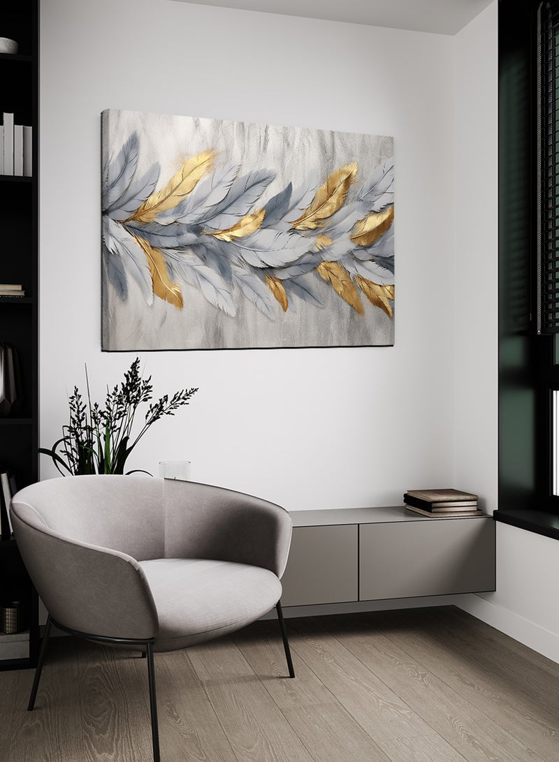 LOWHA Canvas Wall Art Stretched Over Wooden Frame with Golden Feather Painting - Image 1