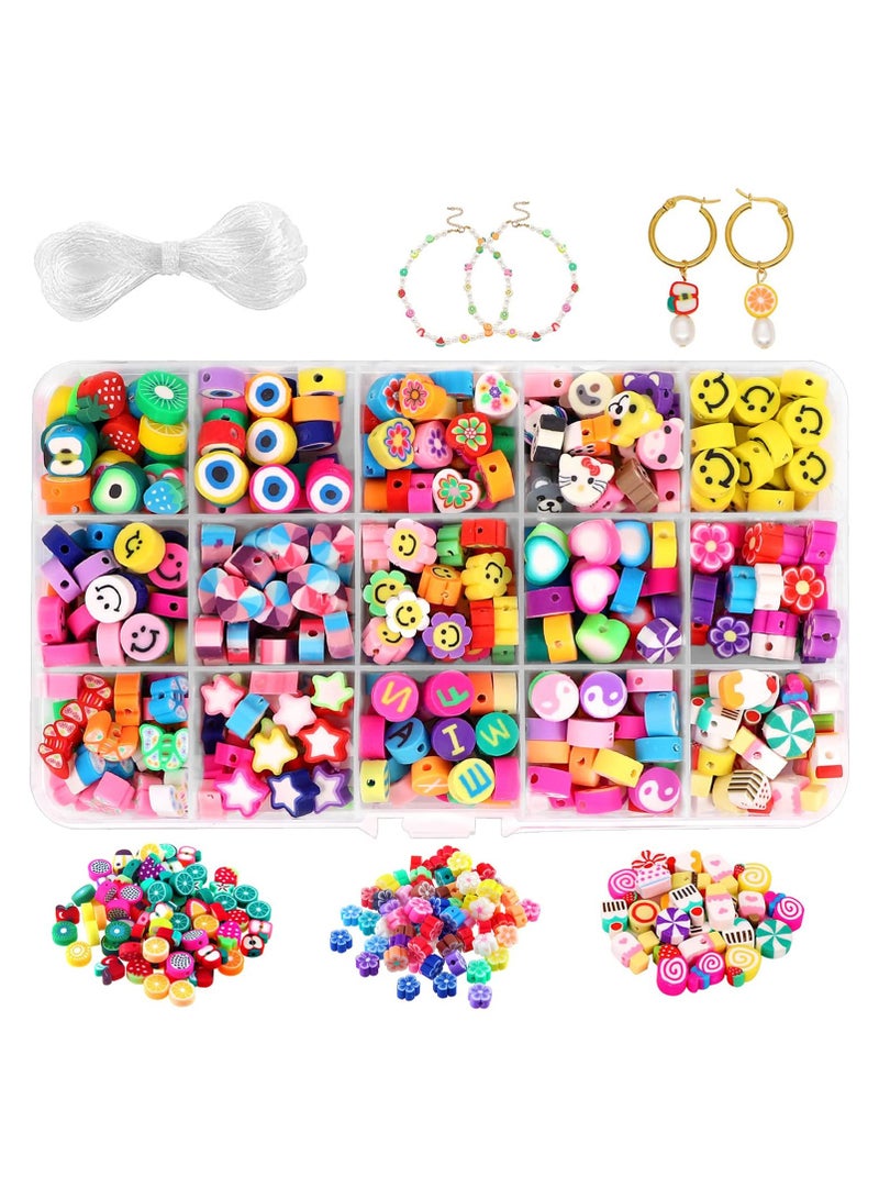 KASTWAVE Handmade Polymer Clay Beads 300PCS Fruit Smiley Beads 15 Styles Flower Letter Soft Beads for Women Girls Jewelry Making DIY Bracelet Necklace Earring Accessories with 4m Crystal Elastic String - Image 1