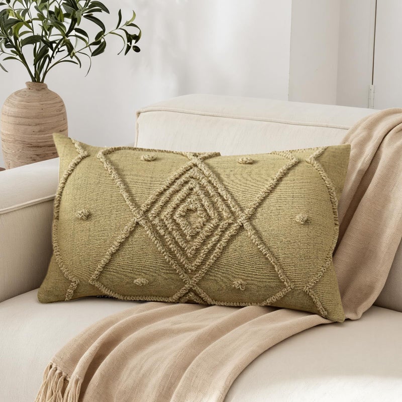 RinRinfam Boho Geometric Textured Lumbar Pillow Cover 12x 20, Woven Tufted Neutral Decorative Linen Pillow Cushion Case, Farmhouse Home Decor for Outdoor Couch Bedroom Car Sage Green - Image 1