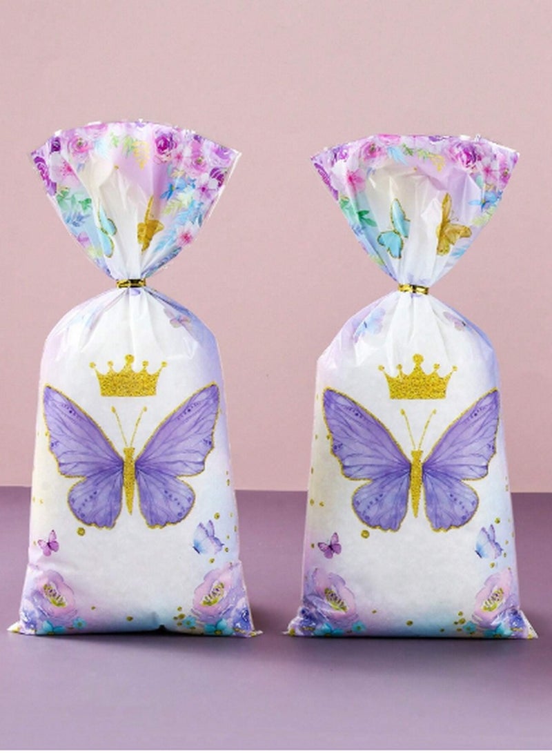 25 Butterfly-Themed Candy Bags – Purple Crown Design with Gold Twist Ties for Parties & Gifts - Image 1