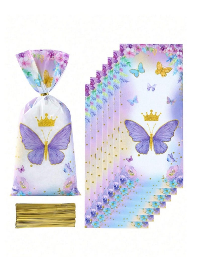 25 Butterfly-Themed Candy Bags – Purple Crown Design with Gold Twist Ties for Parties & Gifts - Image 2