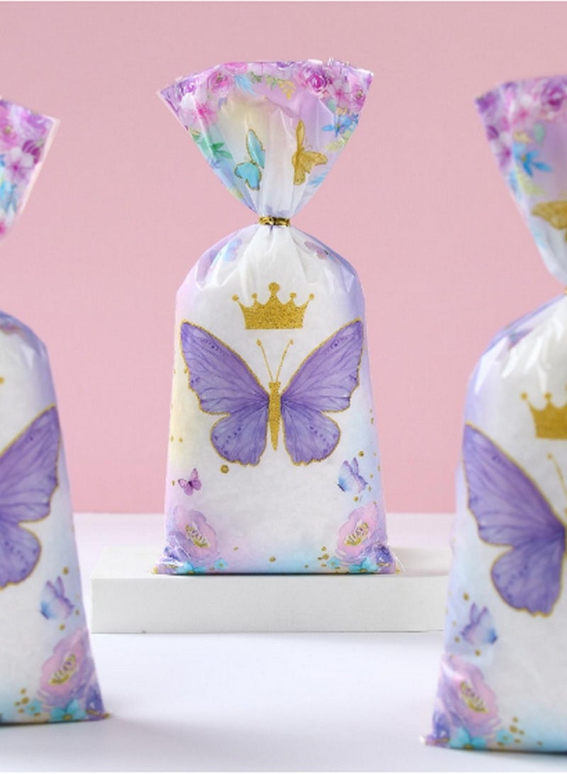 25 Butterfly-Themed Candy Bags – Purple Crown Design with Gold Twist Ties for Parties & Gifts - Image 3