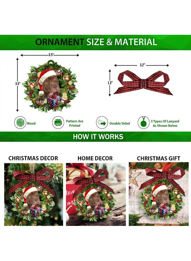 Talataca American Pit Bull Terrier Pitbull Wearing Hat Wreath 2D Flat Christmas Tree Wood Ornament Decor Wooden Hanging Decoration House Present Xmas Eve Keepsake Decorative - Image 4