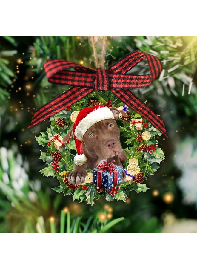 Talataca American Pit Bull Terrier Pitbull Wearing Hat Wreath 2D Flat Christmas Tree Wood Ornament Decor Wooden Hanging Decoration House Present Xmas Eve Keepsake Decorative - Image 1