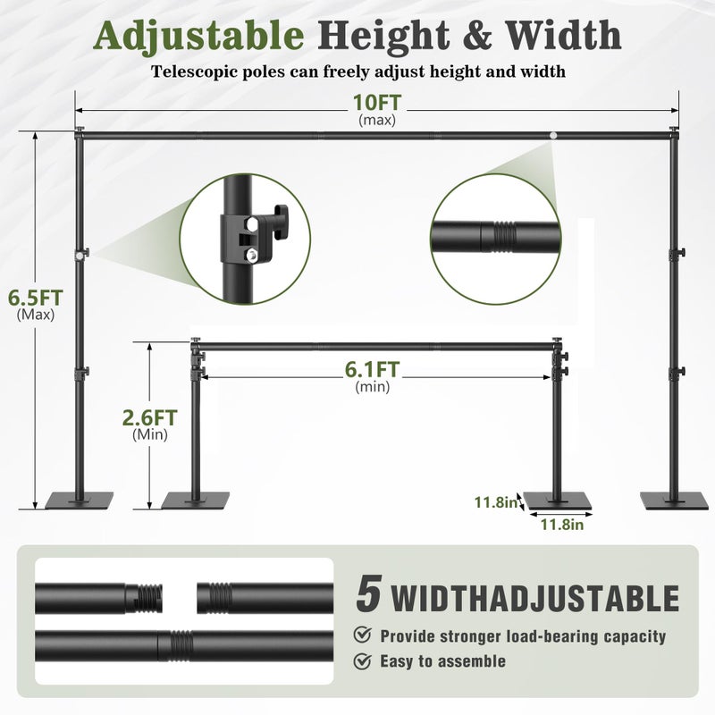 JSungo Backdrop Stand 6.5x10 ft Adjustable Photo Backdrop Stand Kit, Heavy Duty Pipe and Drape Photography Background Support with Flat Metal Base for Wedding, Party, Video Studio, Birthday, Black - Image 2