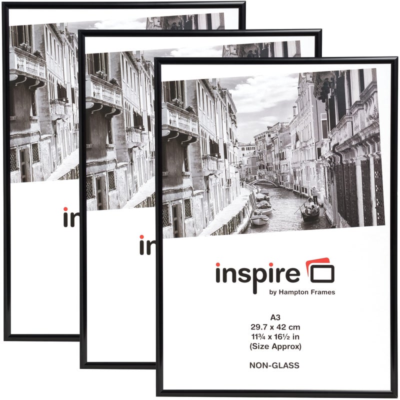 Hampton Frames Backloader A3 Poster Frame Pack of 3  Black Acrylic NonGlass 297x42cm  Lightweight DropIn Back Swivel Clips  Wall Mount Photo Display