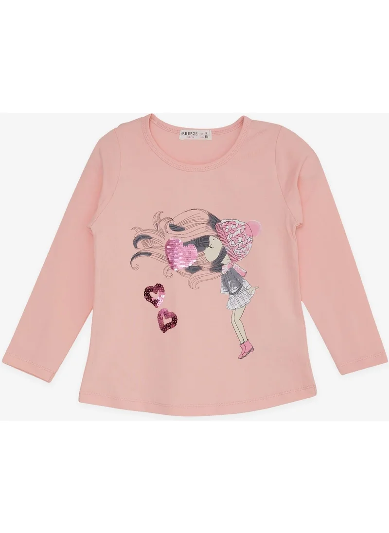 Breeze Girl's Long Sleeve T-Shirt Sequined Heart Printed 2-6 Years, Salmon