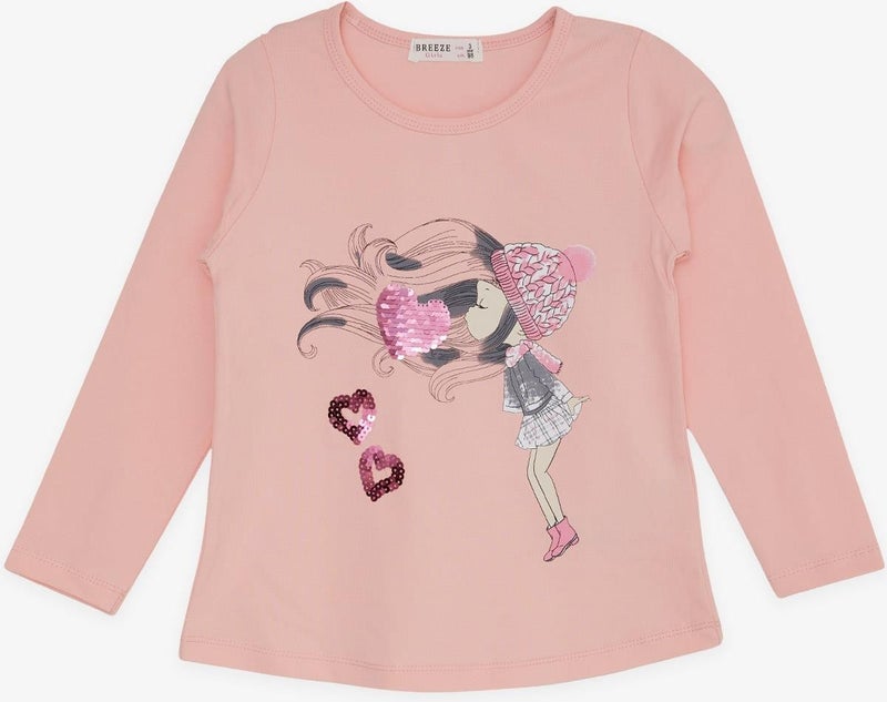 Girl's Long Sleeve T-Shirt Sequined Heart Printed 2-6 Years, Salmon