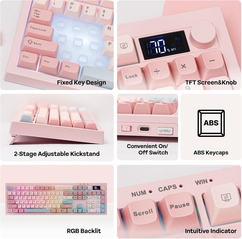 EPOMAKER AULA S102 PRO Wireless Membrane Keyboard with TFT Screen and Number Pad, 2000mAh, RGB Backlit, Media Knob, 105 Keys, Full Size Wireless Gaming Keyboard (Pink) - Image 3
