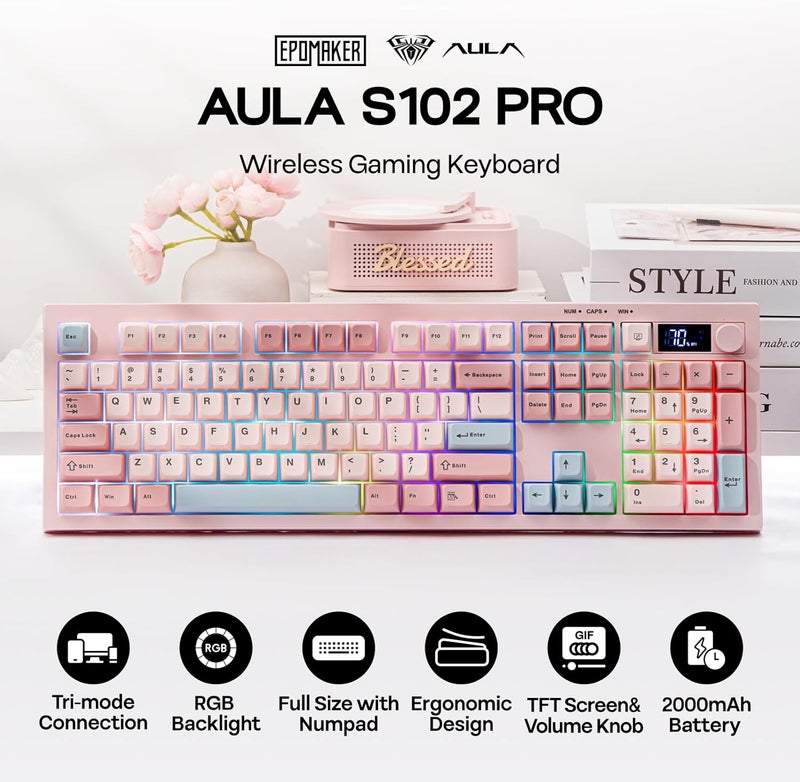 EPOMAKER AULA S102 PRO Wireless Membrane Keyboard with TFT Screen and Number Pad, 2000mAh, RGB Backlit, Media Knob, 105 Keys, Full Size Wireless Gaming Keyboard (Pink) - Image 2