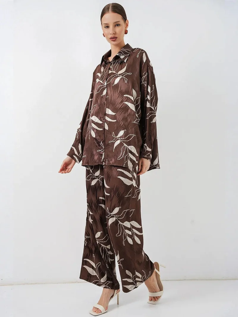 Big Dart Mocha Brown BDART Floral Viscose Shirt and Wide-Leg Trousers Set for Women | Best Price UAE