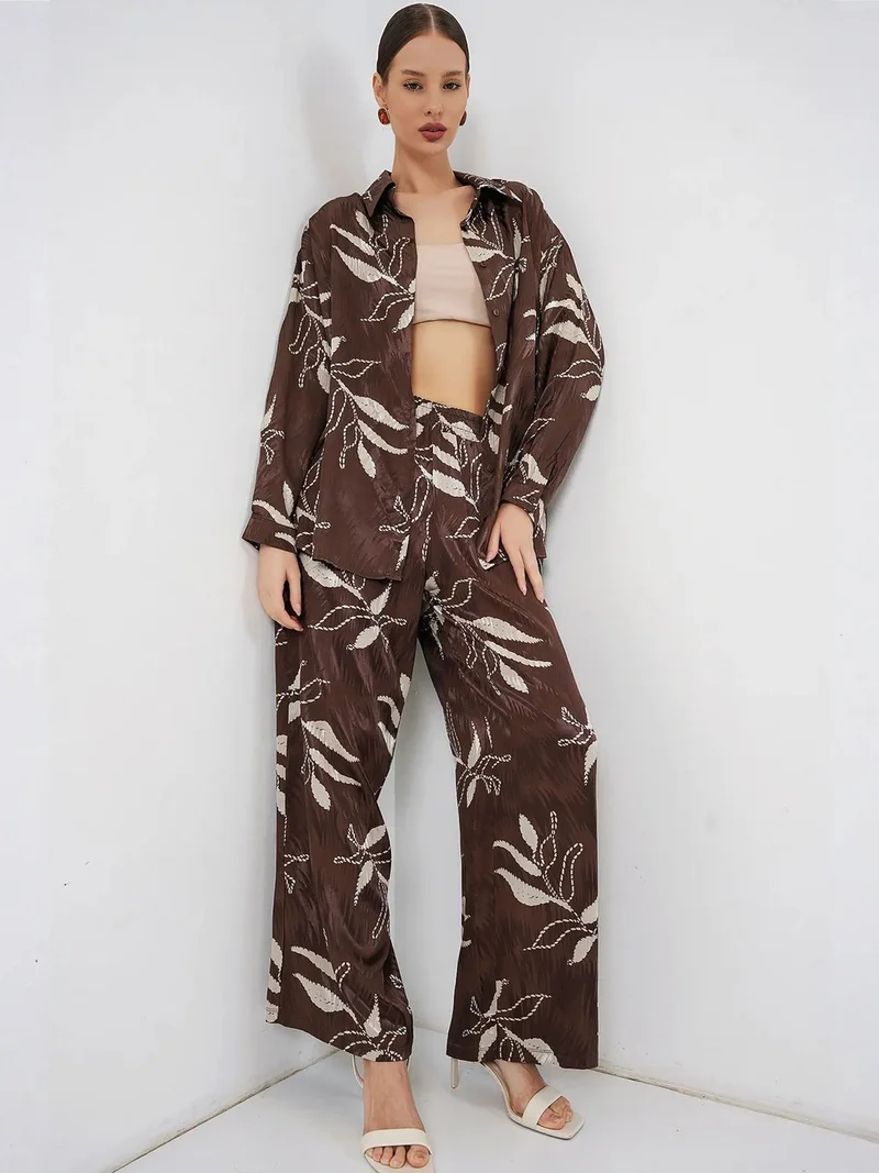 Big Dart Mocha Brown BDART Floral Viscose Shirt and Wide-Leg Trousers Set for Women | Best Price UAE
