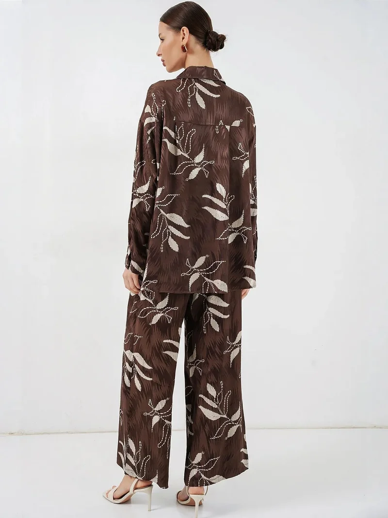 Big Dart Mocha Brown BDART Floral Viscose Shirt and Wide-Leg Trousers Set for Women | Best Price UAE