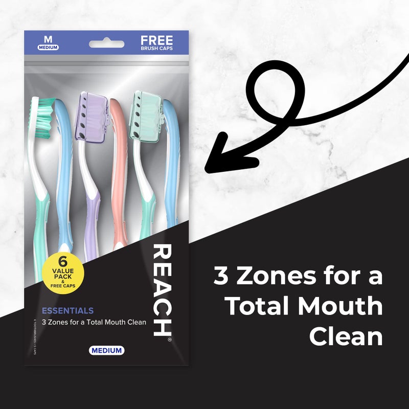 REACH فرشاة أسنان ريتش إسينشالز مع أغطية فرشاة أسنان، شعيرات متوسطة متعددة الزوايا، مقبض محدد، مكشطة لسان، 6 قطع - Image 4