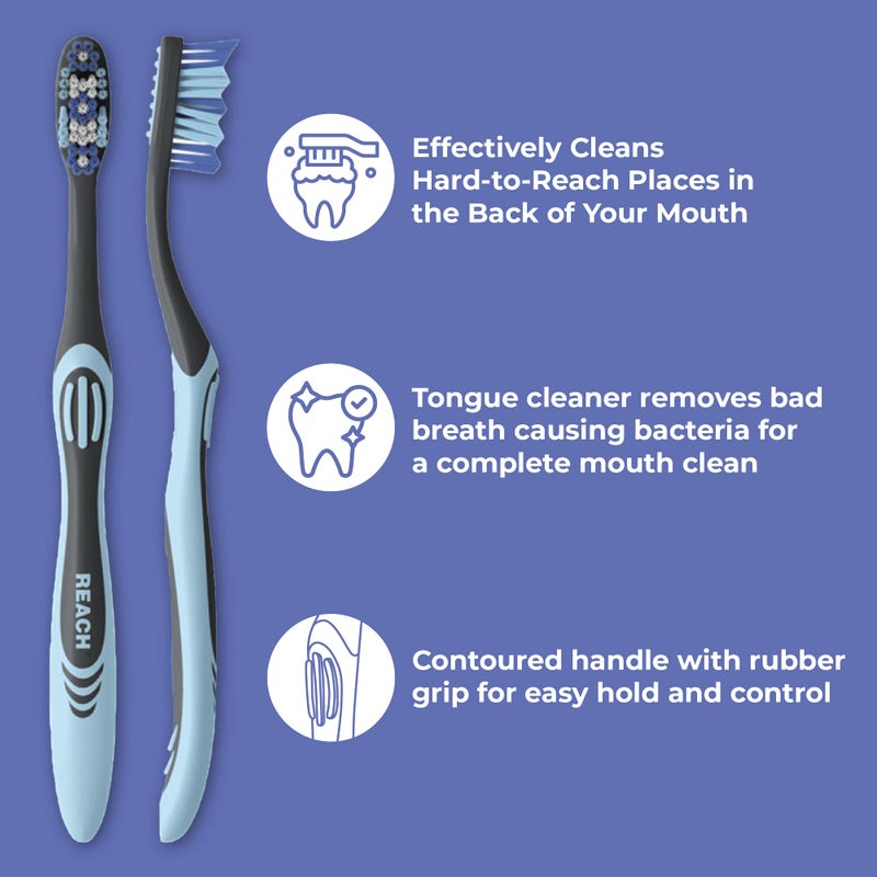 REACH فرشاة أسنان ريتش إسينشالز مع أغطية فرشاة أسنان، شعيرات متوسطة متعددة الزوايا، مقبض محدد، مكشطة لسان، 6 قطع - Image 3