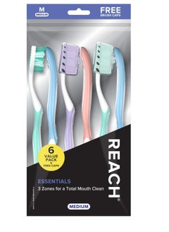 REACH Reach Essentials Toothbrush with Toothbrush Covers, Multi-Angled Medium Bristles, Contoured Handle, Tongue Scraper, 6 Count  - Image 1