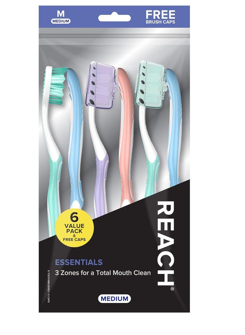 REACH - Reach Essentials Toothbrush with Toothbrush Covers, Multi-Angled Medium Bristles, Contoured Handle, Tongue Scraper, 6 Count - Image 1