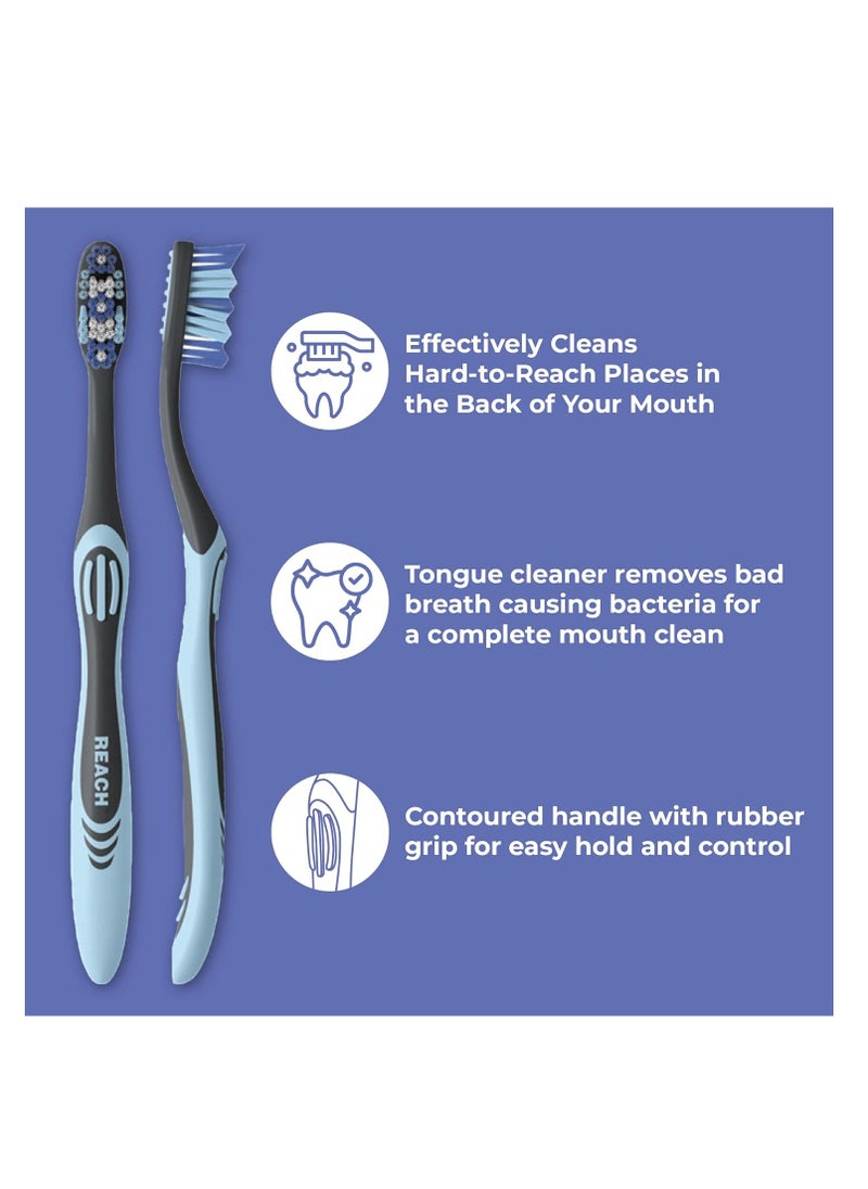 REACH - Reach Essentials Toothbrush with Toothbrush Covers, Multi-Angled Medium Bristles, Contoured Handle, Tongue Scraper, 6 Count - Image 1
